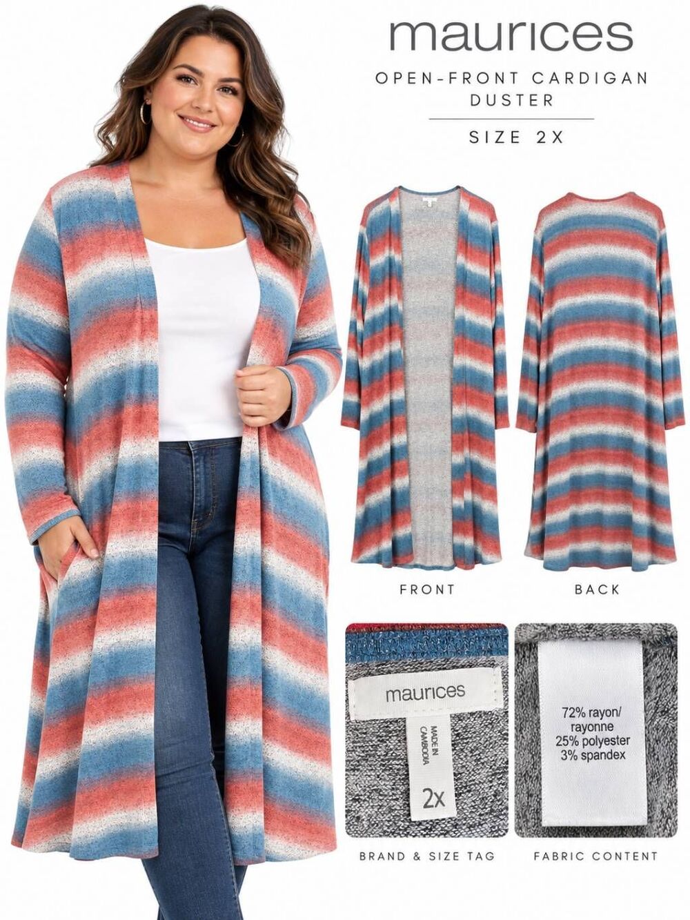 Maurices 2X Striped Long Duster Cardigan Open Front